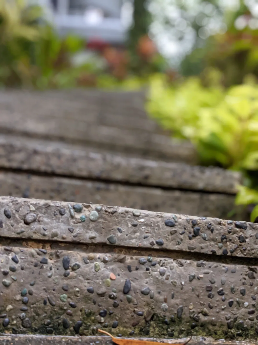 Close-up of speckled stone fence posts with greenery behind
