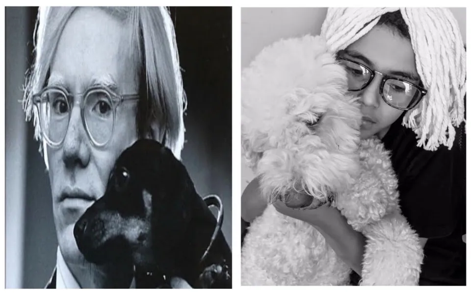 Black and white diptych recreating Andy Warhol's portrait with his dog, alongside Reyaan with his own fluffy dog